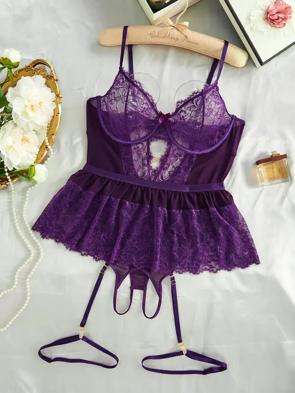 【Plus Size】 Sheer Floral Lace Cami Teddy Bodysuit with Tight Ring, Adjustable Strap Push Up Lingerie, Women's Sexy Lingerie & Underwear for All Seasons 2