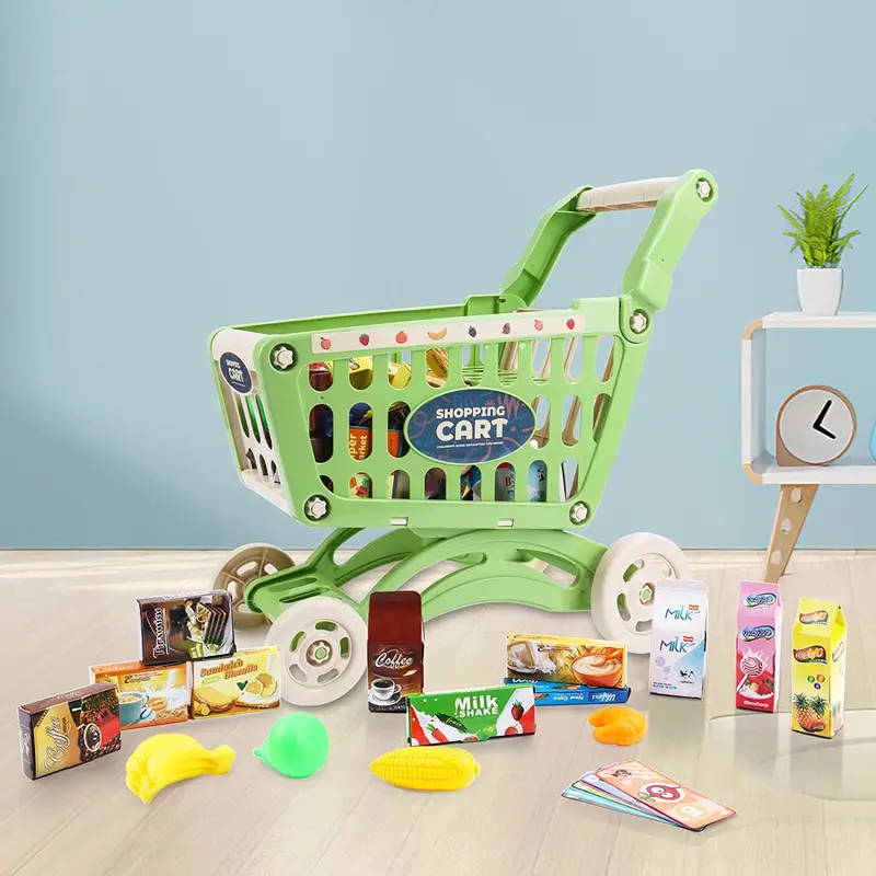 deAO Kids Shopping Cart Toy - Easy Assemble Supermarket Playset with Groceries, POS Machine, Plastic Money & Credit Cards, Educational Role Play for Ages 3+ 1