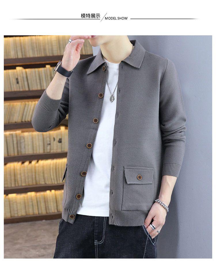 Product Introduction of Spring and Autumn Lapel Knitted Cardigan Men's Coat Trendy Casual Belt Button Solid Color Outerwear Sweater Men's Line Clothes Nam 20