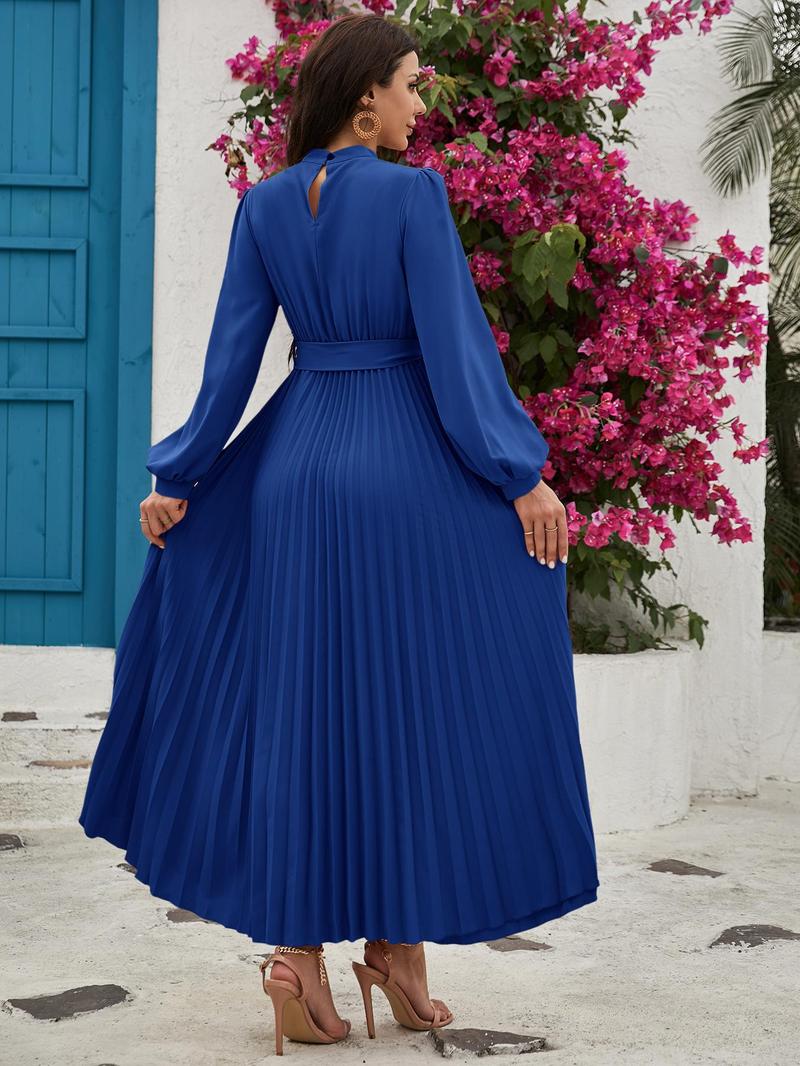 Product Introduction of Women's Solid Belted Pleated Dress, Elegant Bishop Sleeve Keyhole Back A Line Dress for Spring & Fall, Women's Clothing for Wedding Guest, Dresses for Women 6
