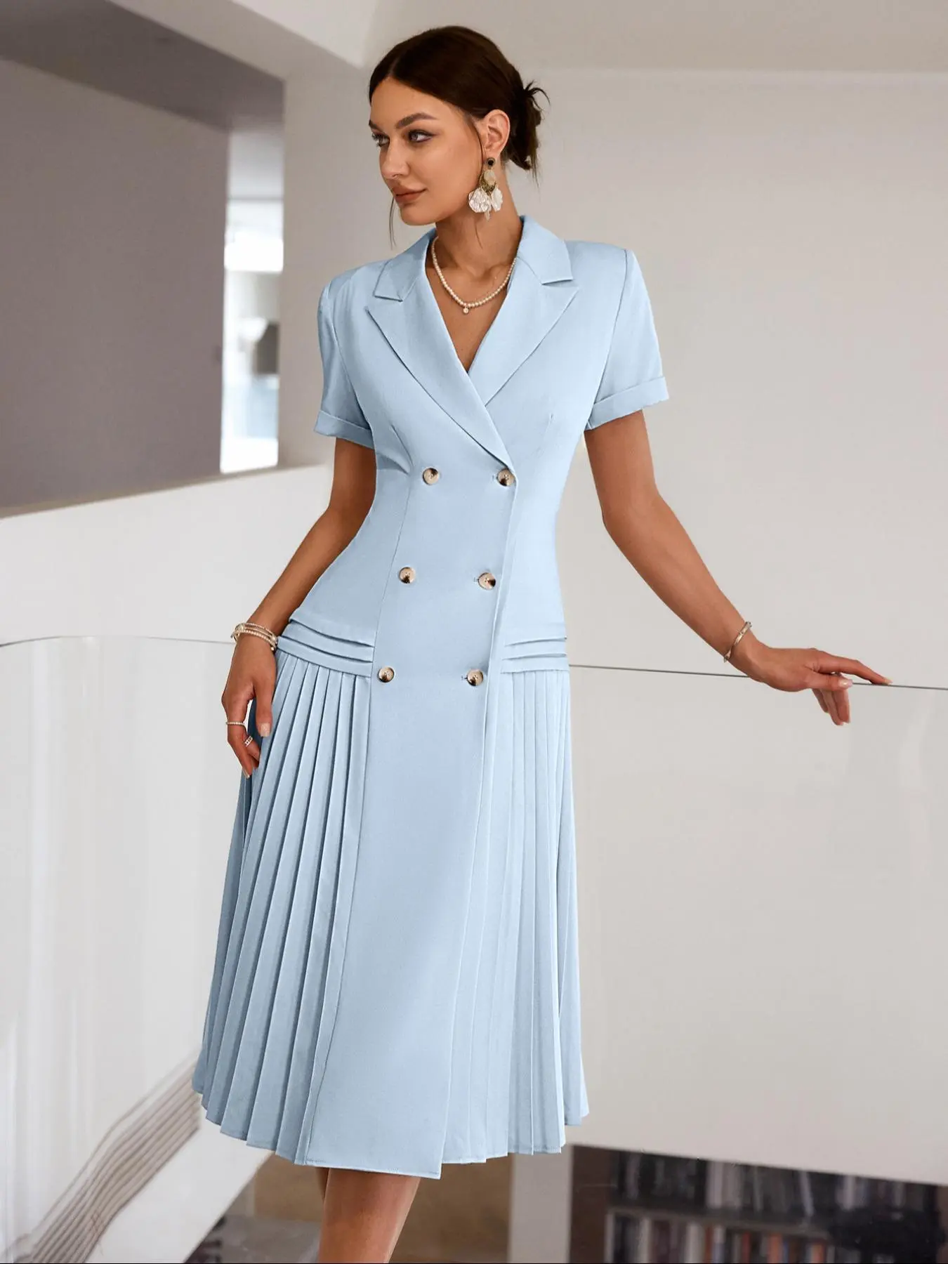 Women's Plain Pleated Button Lapel Dress, Elegant Short Sleeve Dress for Summer, Women's Clothing for Work Office Business
