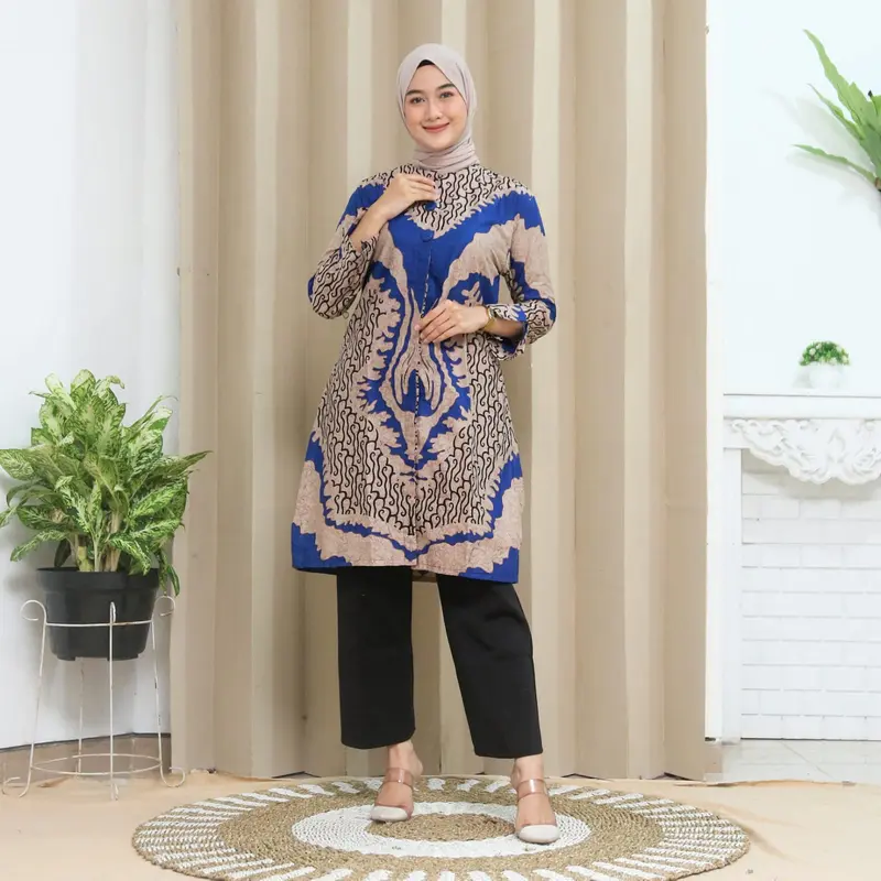Tunik Kancing terbaru modern dress, Pakaian muslim wanita lengan panjang tunik batik Katun Nyaman 0