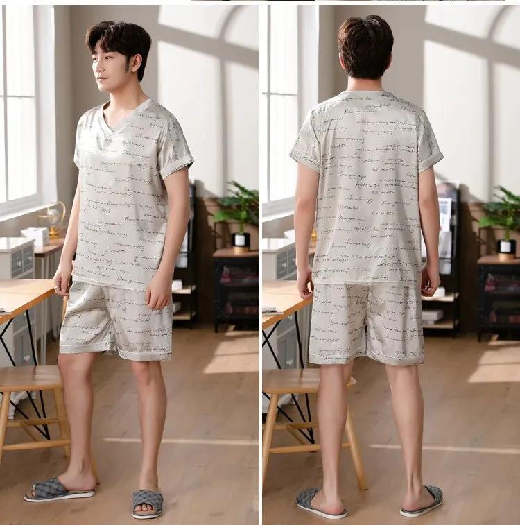 Product Introduction of Men's Pajamas Summer Fashion V-Neck Thin Ice Silk Short-Sleeved Shorts Nightie Two Piece 2024 New Boys Casual Sleepwear Nightie 35