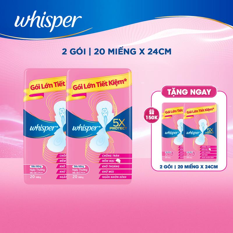 [Mua 2 tặng 2] Băng vệ sinh Whisper 5x Bảo vệ Siêu mỏng 24cm/13 miếng - 24cm/20 miếng - 28cm/16 miếng