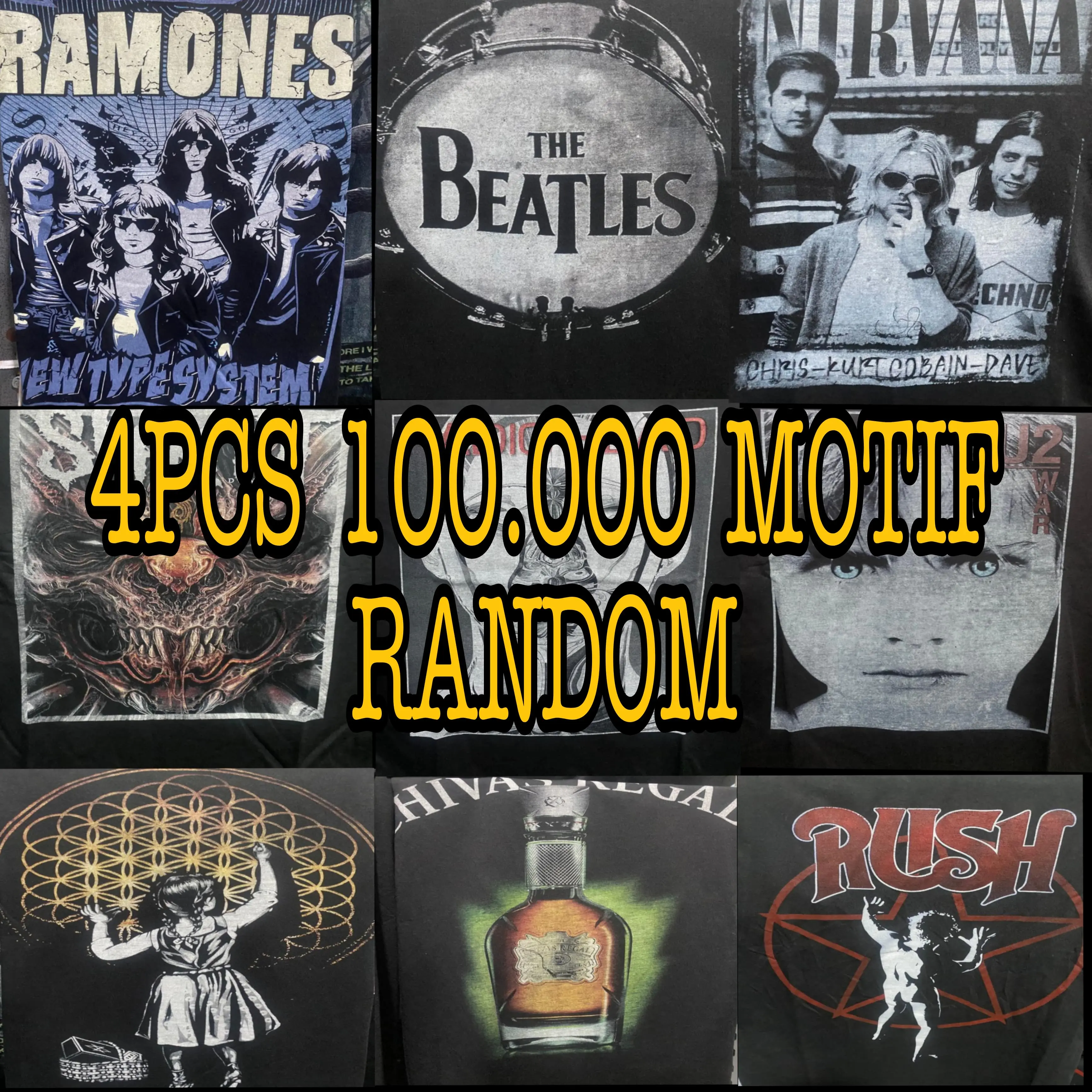 Paket Hemat 4Pics 100K Kaus Hitam//Kaus Distro//Premium//Katun Hitam Motif Band Dan Non Band//Sablon Plastisol//Kaus Keren Pria Dan Wanita Baju Kaos