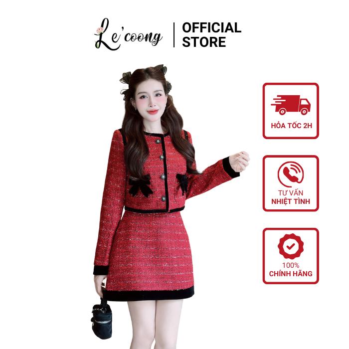 Set Dạ Tweed Dáng Ngắn Phối Nhung LECOONG B175 Đầm Đẹp Tiểu Thư Sang Chảnh Màu Đỏ Nâu