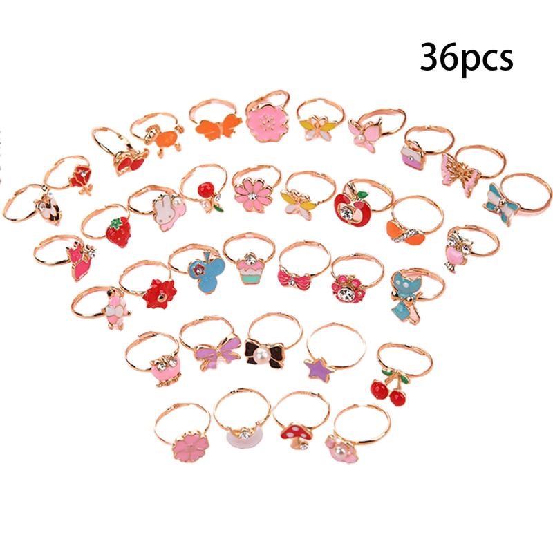 36x/Set Novelty Adjustable Cartoon Ring Flower Animal Adjustable Alloy Kids Ring 7