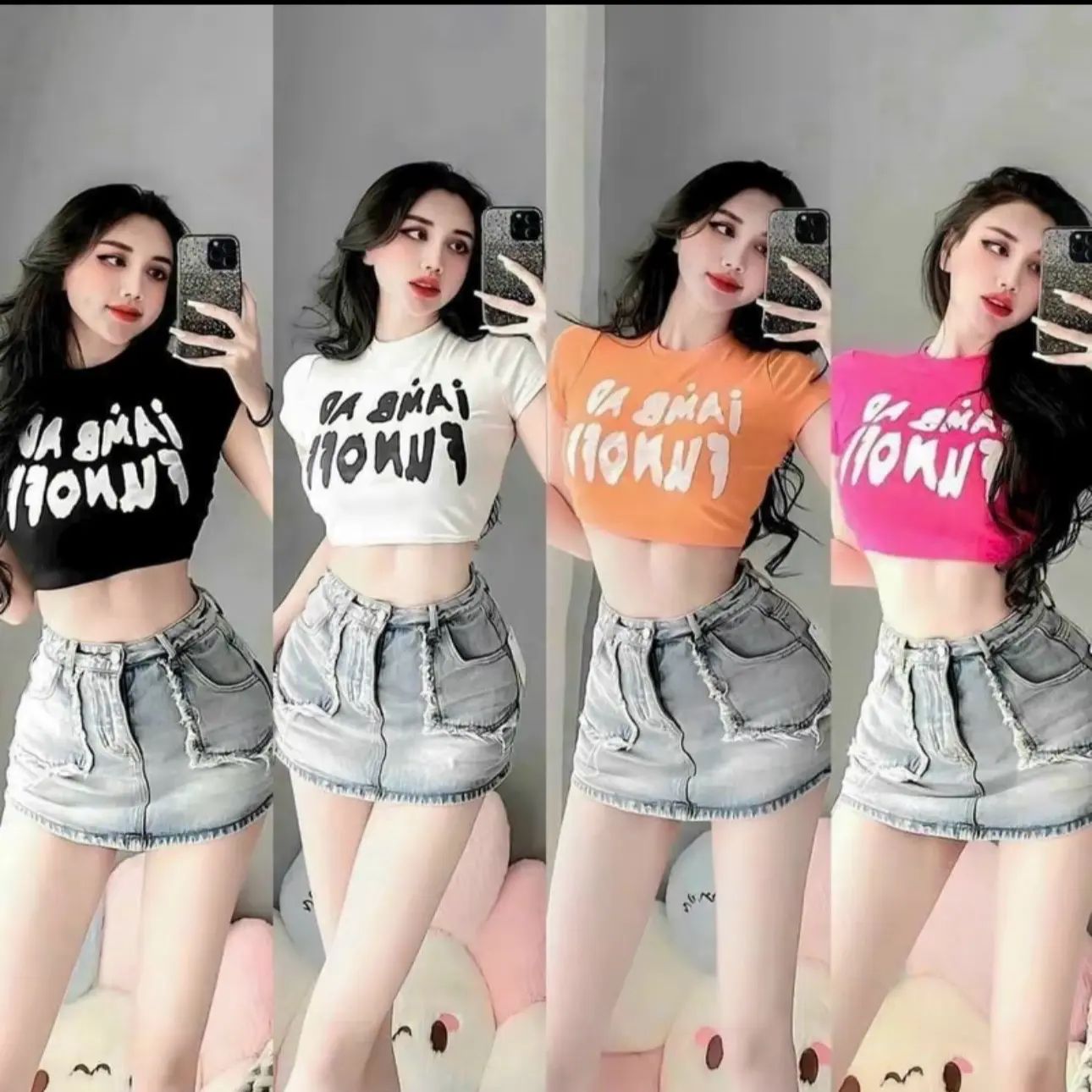 Áo croptop IAMB AD FUNOFF  borip Nữ Cổ Tròn Women T-shirts Đen croptop  đỏ
