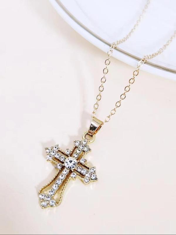 Rhinestone Cross Pendant Necklace (2pcs), Retro Personality Accessories for Both Men & Women, Vintage Jewelry for Party, Daily Clothing Decor for Birthday Gift 3