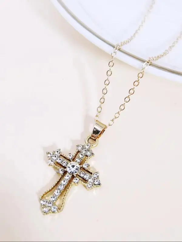 Rhinestone Cross Pendant Necklace (2pcs), Retro Personality Accessories for Both Men & Women, Vintage Jewelry for Party, Daily Clothing Decor for Birthday Gift 3