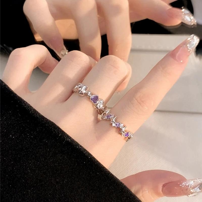 Product Introduction of New Fashion Shiny Purple Rhinestone Opening Couple Rings for Women Men Vintage Crystal Star Adjustable Ring Lover Simple and Versatile 4
