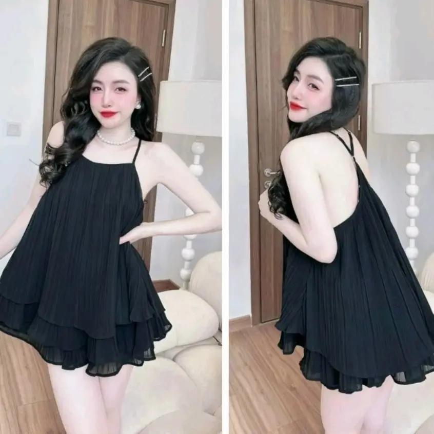 Set đồ ngủ 2 dây chéo lưng dập ly 2 tầng dễ thương size 40 - 58kg Nữ Women Áo Nhung Voi