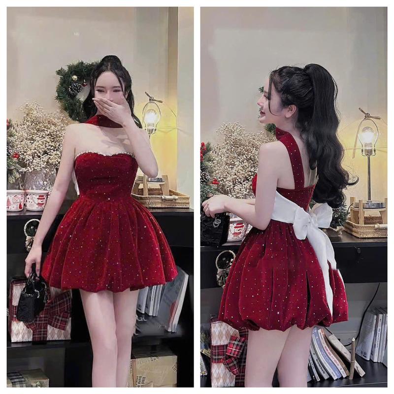 Đầm váy nhung kim tuyến cúp ngực dây quàng cổ sau cột nơ lưng bản lớn - Thời trang nữ xinh xắn - Dress Women