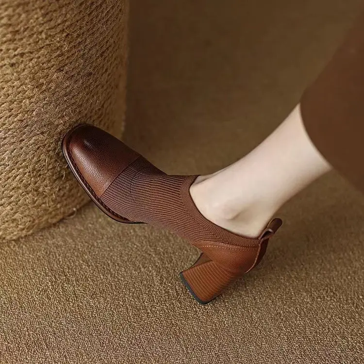 Giày Cao Gót Và Bốt Dưới Bằng Da Mềm Cho Nữ, Giày Cao Gót Mũi Vuông Retro Kiểu Pháp, Chunky, Cắt Sâu, Mới Hoa Shoes Đế Cao 0
