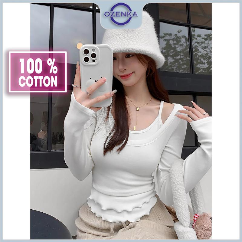 Áo croptop kiểu cổ yếm rộng tay dài vạt bầu nữ Ozenka , áo crt thun cotton đen trắng mặc đi chơi đi cà phê Women Nhung