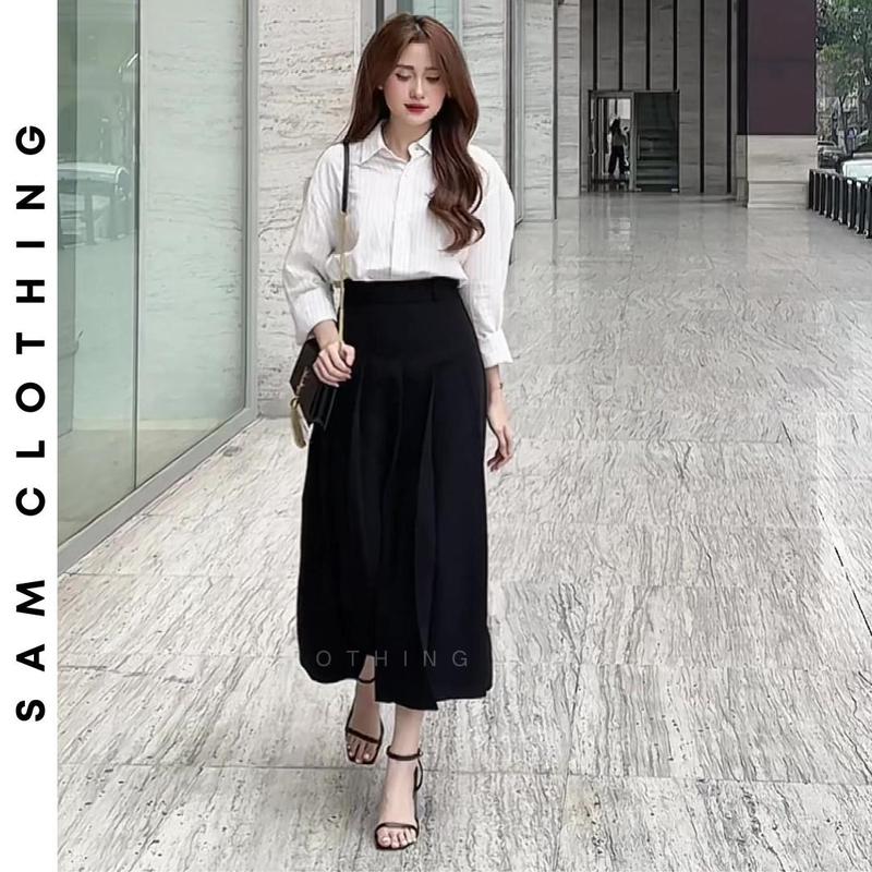[Mua 2 váy tạng 1 Áo BA LỖ ] Chân váy cạp cao  xếp ly dáng dài KHÔNG KÈM ĐAI Chân váy công sở Chân váy Tennis dáng dài cạp cao mã SA006-CV03 chân  váy Nữ Kem Women Nhung Voi Voan
