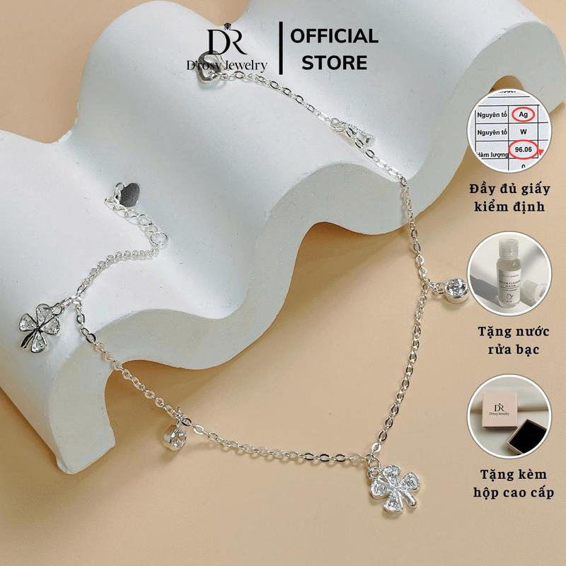   TẶNG NƯỚC RỬA BẠC  Lắc chân bạc nữ 925 D’ROSY kiểu dáng mặt cỏ 4 lá mix charm đá thương hiệu D’ROSY JEWELRY LC07. 