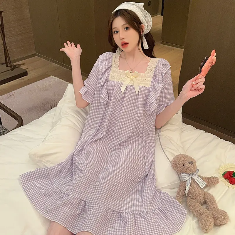 Pajamas dress Plus size Sleepwear Woman Cotton Sleeping dress Pyjamas Women Summer Short sleeve Loose Home wear M-5XL
