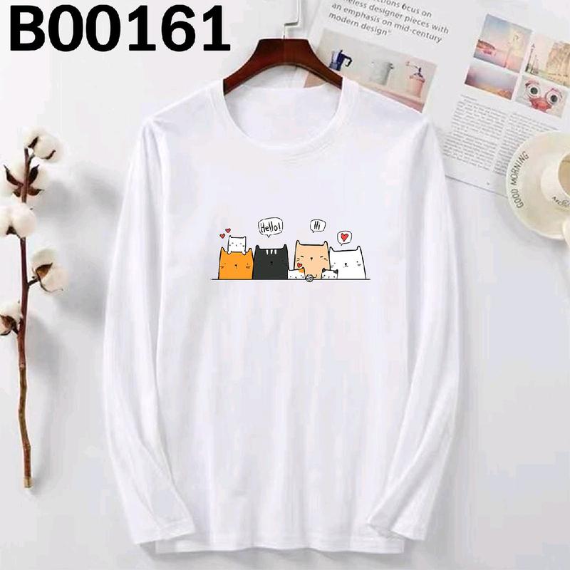 B00161 LONG SLEEVE T SHIRT CAT KITTY Hello Hi CUTE GRAPHIC PLUS SIZE 3XL WOMEN MEN BAJU LENGAN PANJANG BESAR TSHIRT SUMMER LOOSE TEE COTTON CREW NECK CASUAL STREET BASIC SWEET STYLE BLACK NAVY Blue