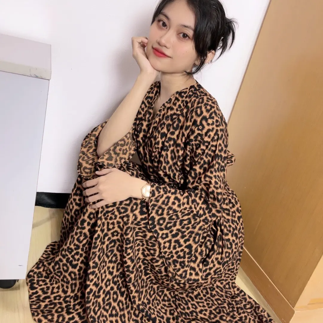 Mirae Wear Aurellie Dress Korean Vintage Leopard Long Dress Korean Look sleeve elegan