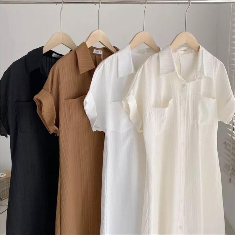 Đầm Sơ Mi Nữ Công Sở Cổ Cao Cúc Cài Túi Ngực Vải Đũi Gân 1Size Women Dress