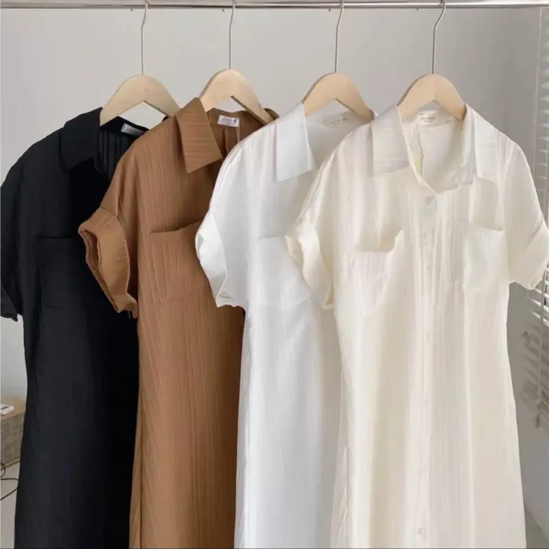 Đầm sơ mi nữ - váy suông nữ cổ cao cúc cài túi ngực vải đũi gân cao cấp Dress Đen Women Voan 0