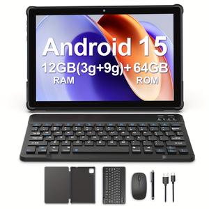 Android 15 タブレット PC キーボードケースアクセサリー付き、12GB（3+9）RAM & 64GB ROM、10インチIPSディスプレイ、耐久性6000mAhバッテリー