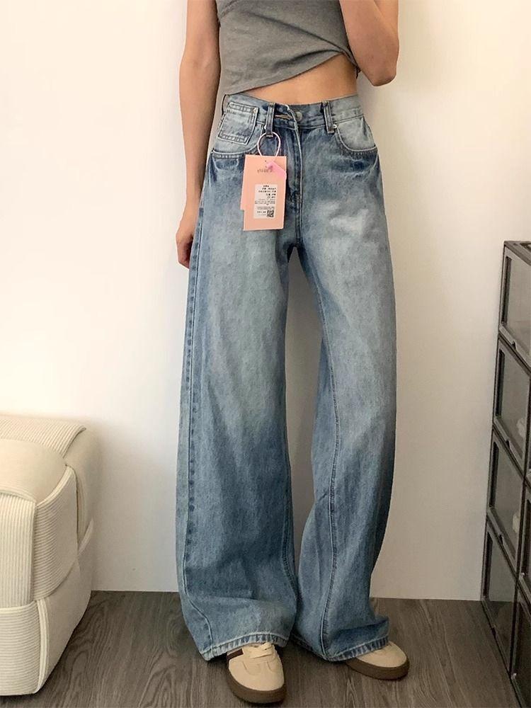 Product Introduction of American Retro High Waist Wide Leg Jeans Women's Spring and Summer Washed Loose Slimming Minority All-Match Smooth Straight-Leg Trousers 4