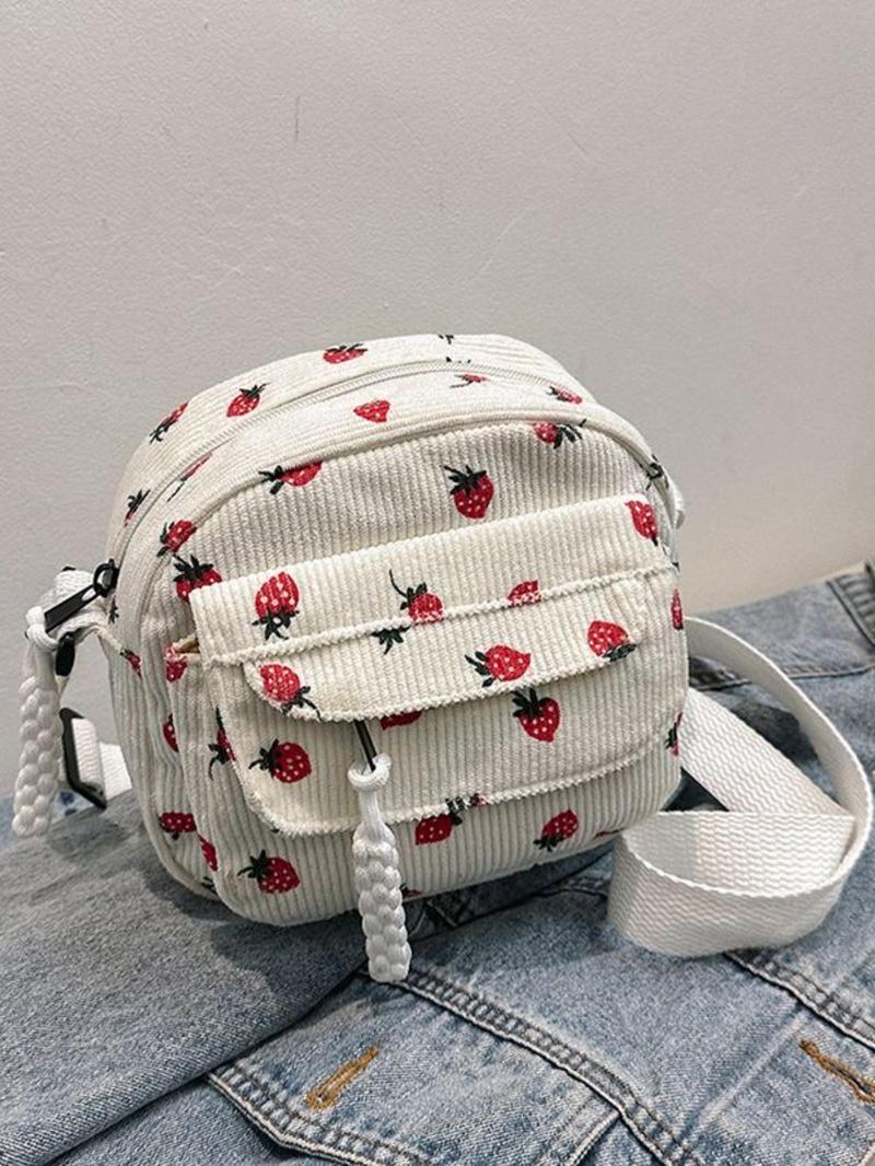 Product Introduction of Women's Strawberry Pattern Corduroy Crossbody Bag, Fashionable Zipper Shoulder Bag for Daily Used, Casual Trendy Versatile High-quality Commuting Bag 0
