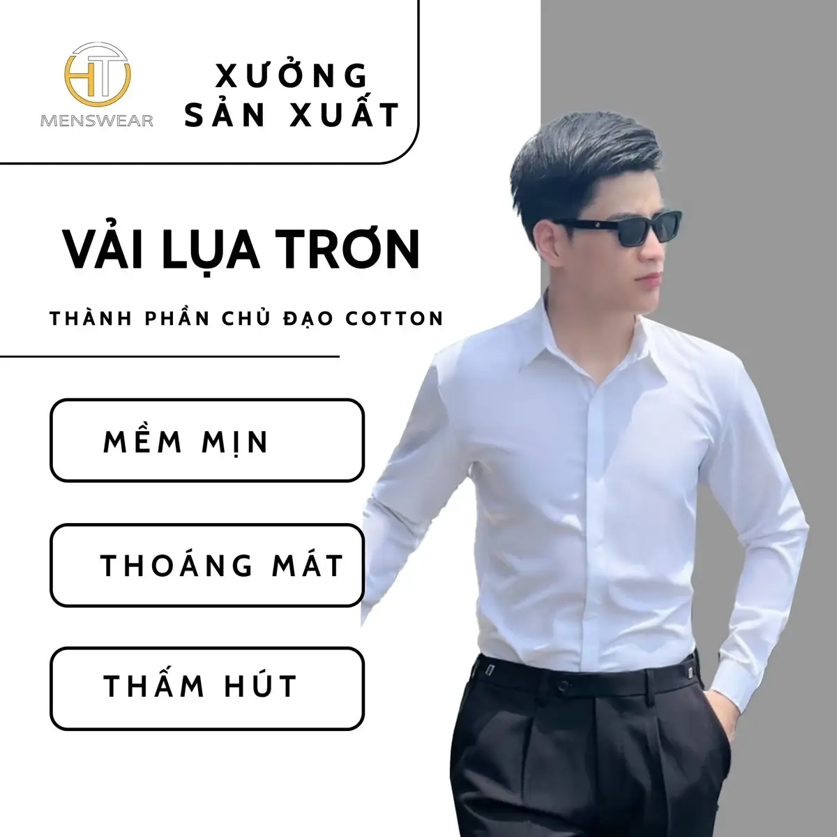Áo sơ mi nam dài tay 12 màu ẩn si chất vải lụa trơn thời trang nam HTMenswear Shirt/Trắng