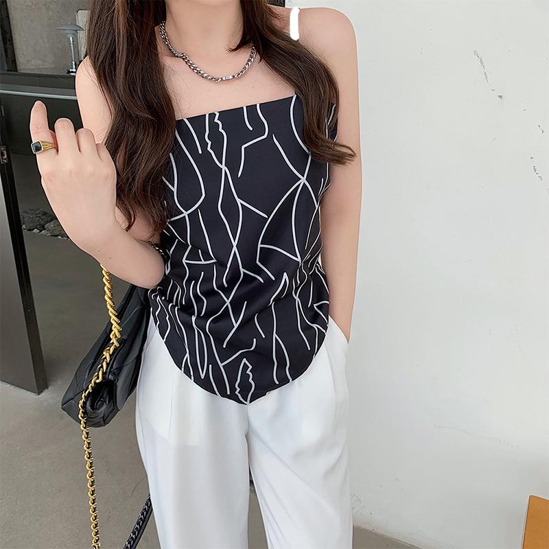 Women Irregular Hem Backless Camisole, Boat Neck Sleeveless Off-the-shoulder Tops, Black/ Beige 6