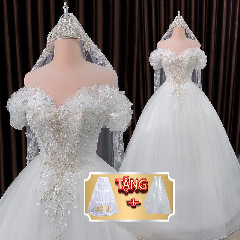 [Tặng tùng + voan] Váy cưới không cổ có tay phồng ngắn kiểu Váy cưới trơn dáng xuông đơn giản trễ vai mã váy 141 Nữ Áo Cưới Women Kem Trắng Dress