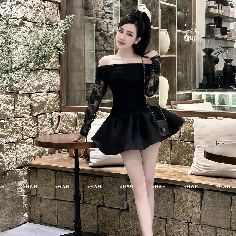 Váy Ren Lưới Trễ Vai Tay Dài Tiểu Thư Siêu Xinh.Hàng Thiết Kế Nữ Women Dress chỉ giặt tay đỏ hồng vaydodonnoel 4