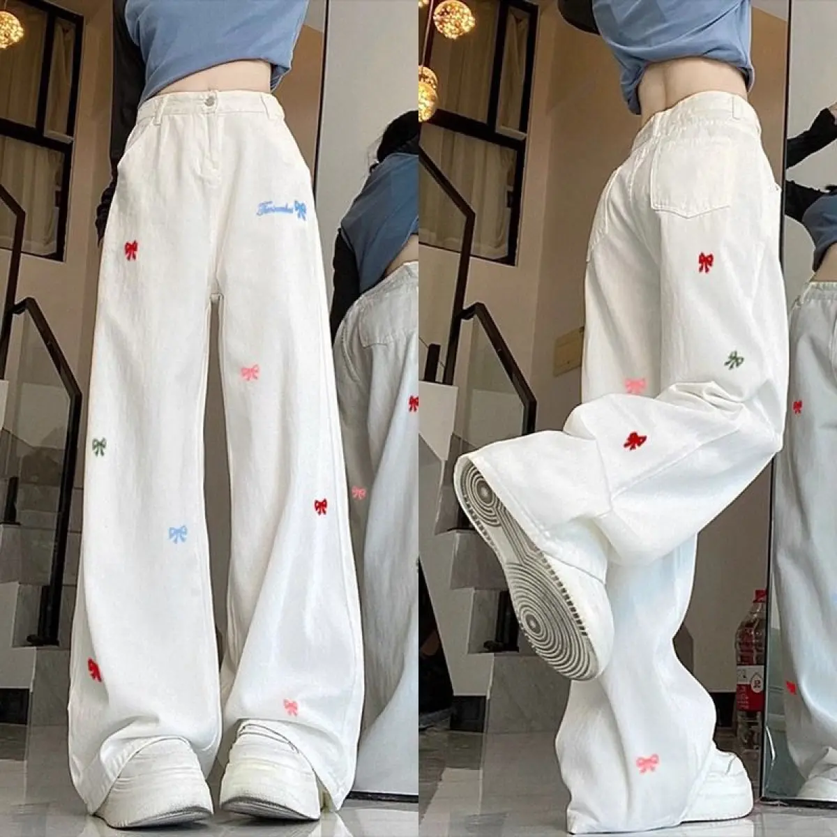 Quần Jean Trắng Thêu, Phong Cách Đường Phố Cao Cấp, Dành Cho Nữ, Thiết Kế Mùa Thu, Cạp Cao, Mỏng Vừa Vặn, Dáng Rộng Vừa Vặn, Ống Rộng Thẳng, Quần quét đất Nhà