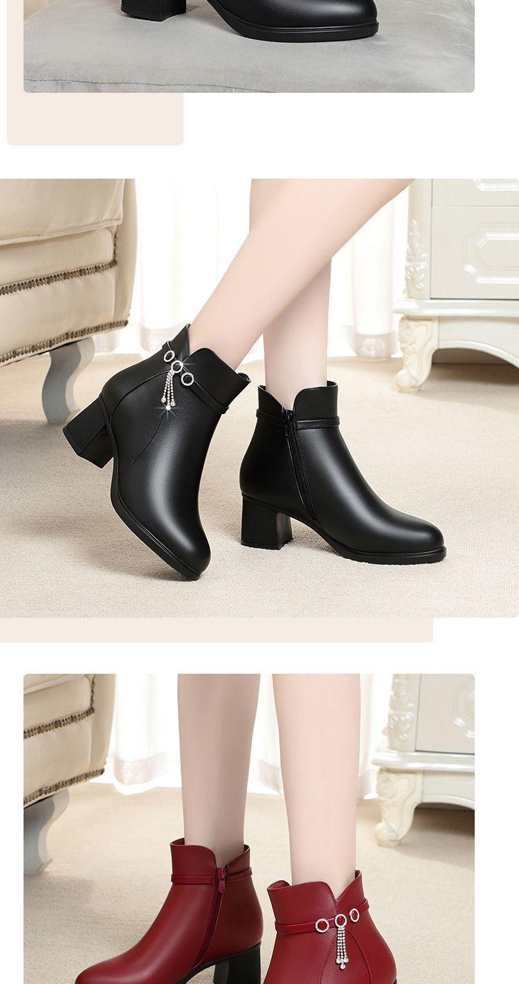 Product Introduction of Giày Cao gót, Da Thật, Bốt Ngắn, Gót Chunky, Đế Dày, Lót Lông Cừu, Ấm Áp, Thích Hợp Cho Phụ Nữ Và Phụ Nữ Cho Mùa Thu 2024, Bốt Bông Cho Mẹ 5