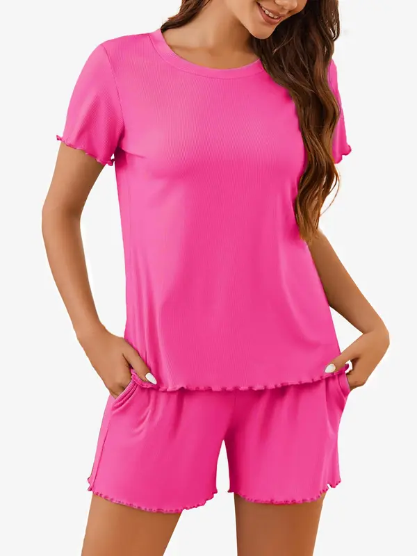 Women's solid color casual pajama set, round neck short-sleeved top, elastic waist pocket shorts, two-piece home clothes. 6