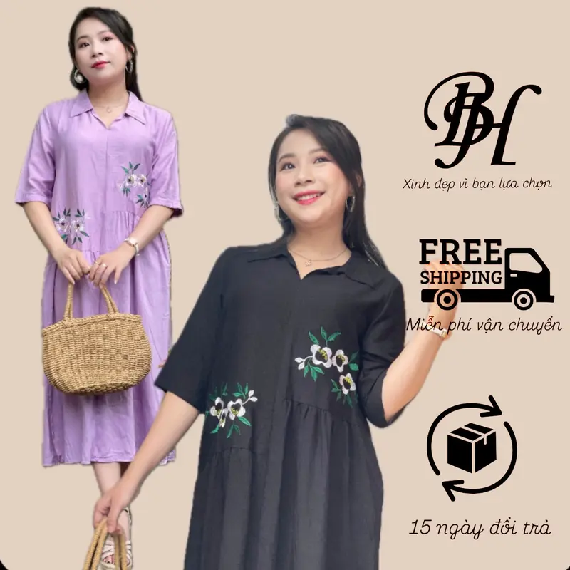 Mã BH40 – Đầm Bách Hoa trung niên, cổ sơ mi không chân xẻ V, tay ngắn, dáng xòe lệch tầng, thêu hoa 5D,  che khuyết điểm tốt 0