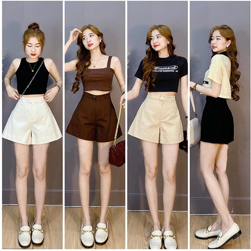 Quần short nữ cúc lệch lưng cao khóa kéo có túi gấu gập - Quần đùi nữ ống loe rộng mặc nhà biển mát mùa Hè