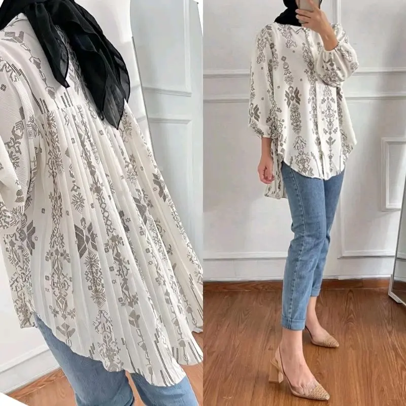 Kemeja blouse plisket motif etnik Airflow Wanita