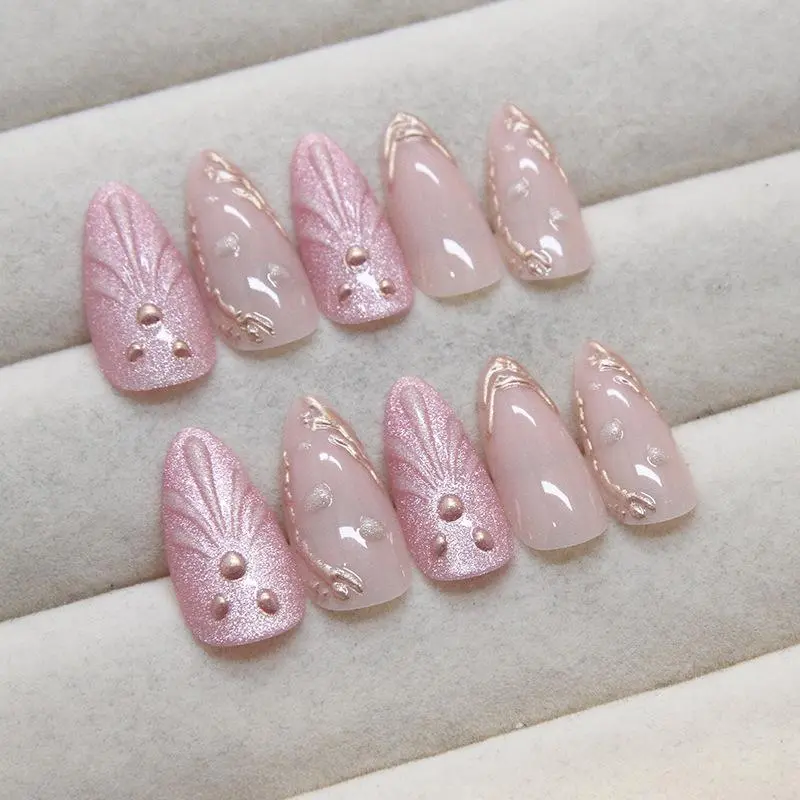 3D Shell & Water Drop Decor Fake Nails with Nail File & Tape, 24pcs/box Short Almond False Nails for Women & Girls DIY Nail Art, Effortless Press on Nails Manicure Set 4
