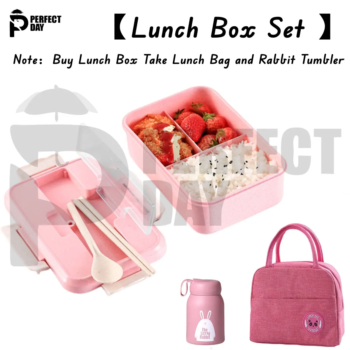 【BUY 1 TAKE 2】Perfect Day Lunch Box With Spoon and Chopsticks With Thermal Insulation Food Lunch bag and 400ml Rabbit Tumbler