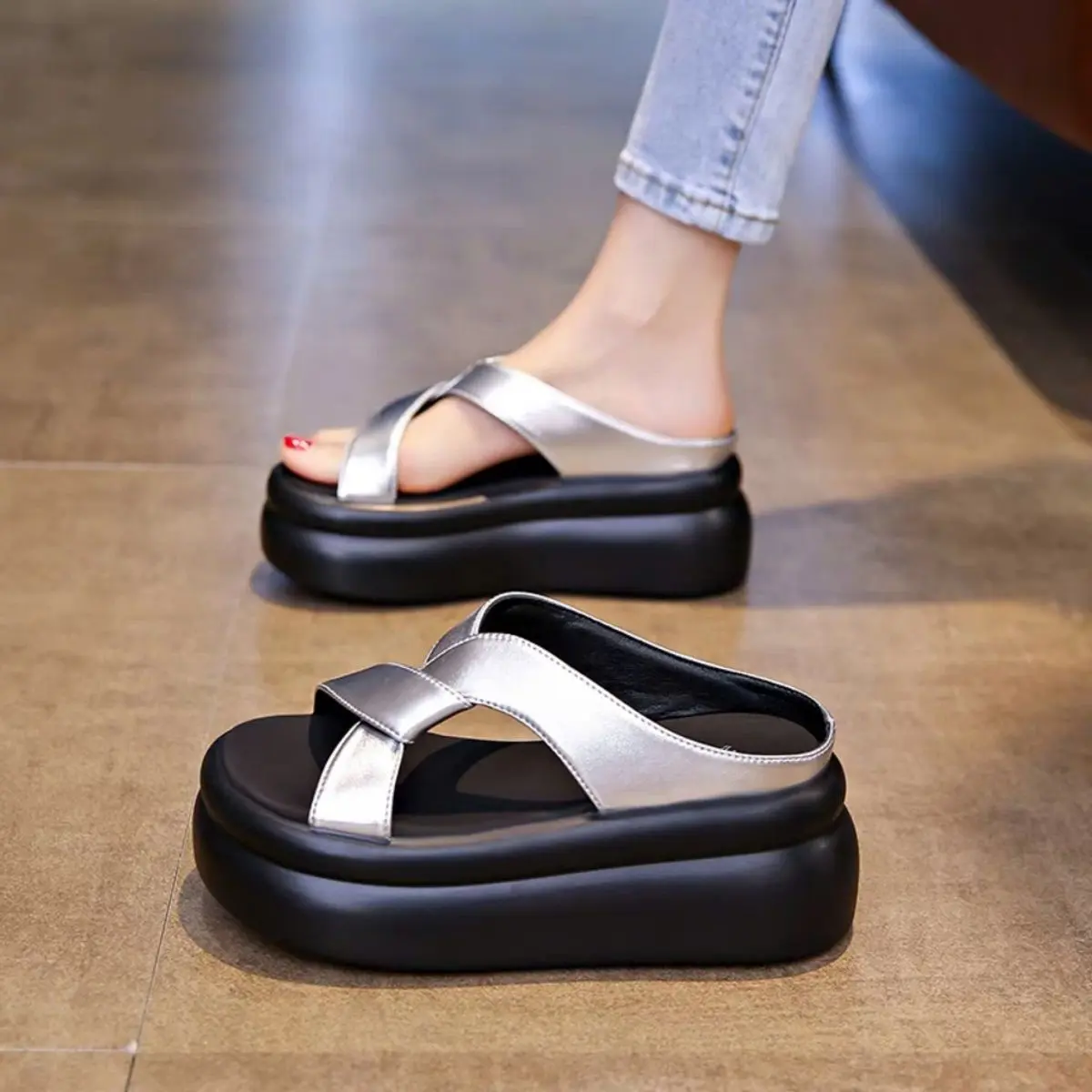 DÉP QUAI XOẮN NÂNG ĐẾ 6CM DA XỊN CAO CẤP DéP Nữ Shoes