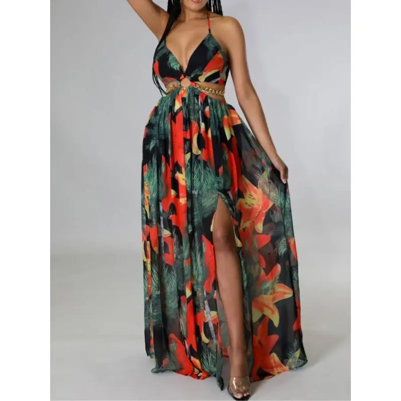 Women's Floral Print Chain Decor Split Thigh Tie Back Cami Dress, Casual Ring Linked Halter Backless Maxi Dress for Beach Holiday Vacation, Ladies Summer Clothes, Holiday Dresses