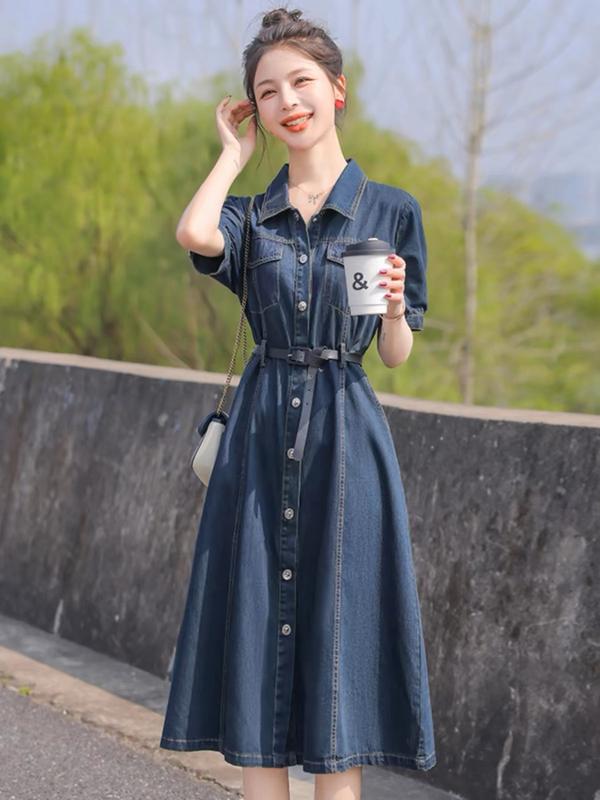 Đầm jean dáng dài kèm đai, váy bò nữ thiết kế xòe thắt eo thanh lịch màu xanh bò đậm, chất vải mềm và dày dặn V180 Women Dress Voan Kem Voan Kem