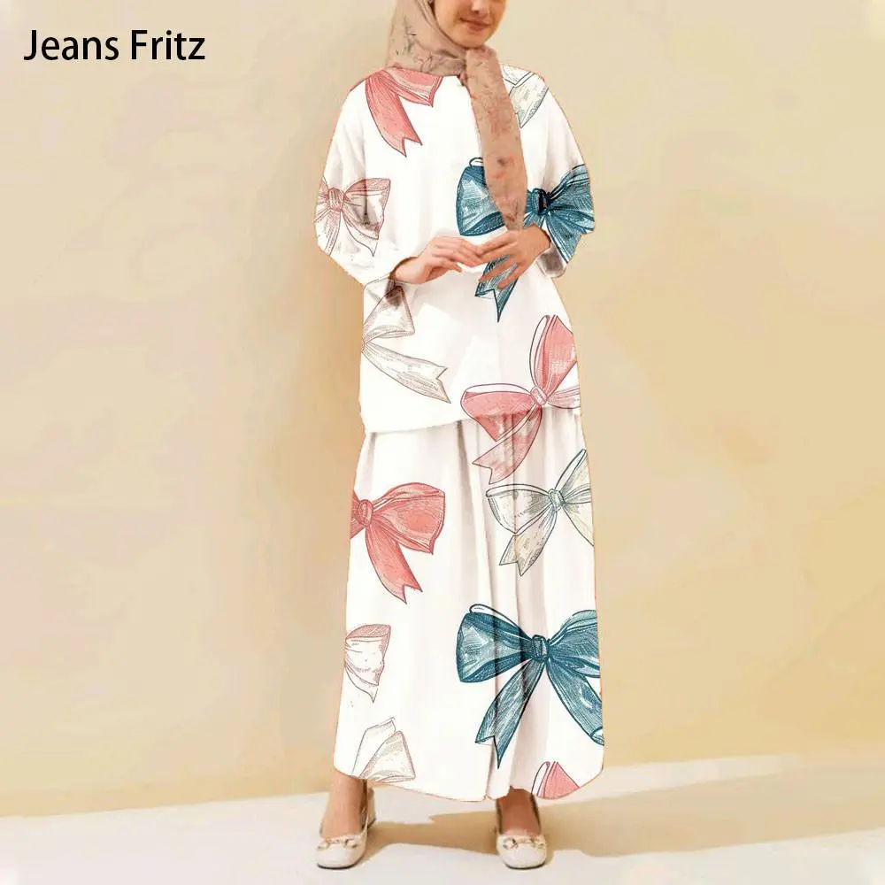 2025 Modern Muslim Shirt Dress Plus Size Cheap Kurung Riau Elegant Bow Pattern Nayla Kurung Dress Shirt Skirt