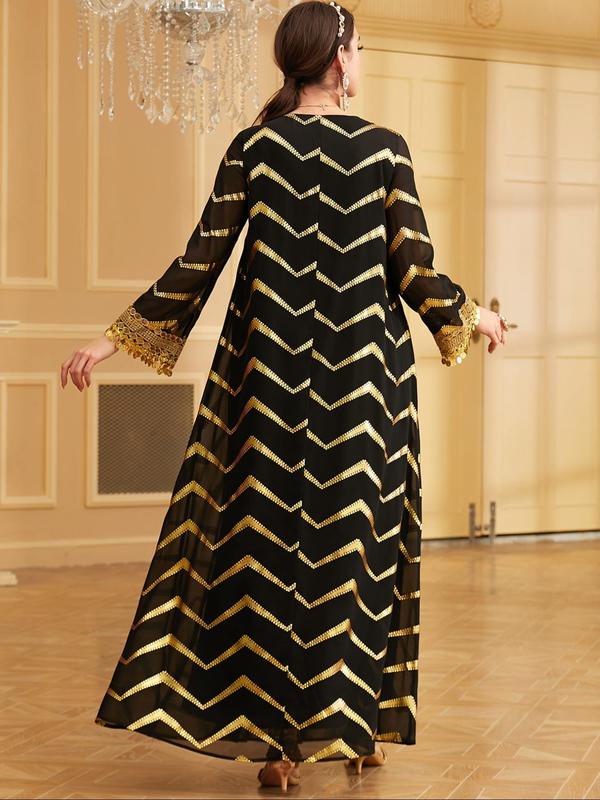 Arabic Clothing- Wave Pattern Hot Stamping Contrast Sequin Fringe Trim Dress, Elegant Long Sleeve V Neck Long Dress for Women, Women's Islamic Clothing for All Seasons, Modesty Dresses, Kameez 1