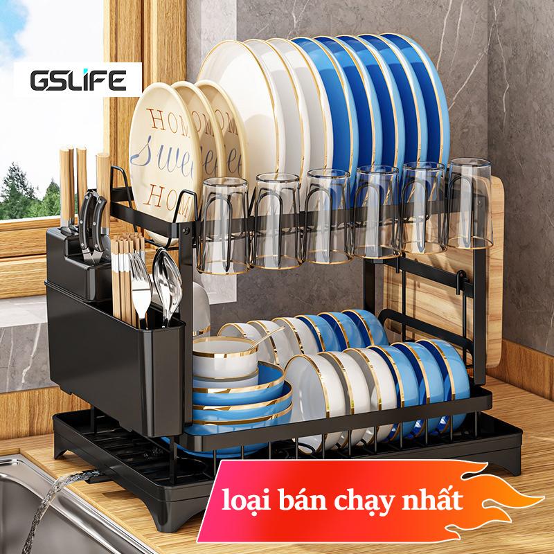 GSlife Kệ Để Chén Bát Đĩa Thép Carbon Kệ Để Đồ Nhà Bếp 3 Tầng Có Khay Hứng Nước Đa Năng Tặng Kèm