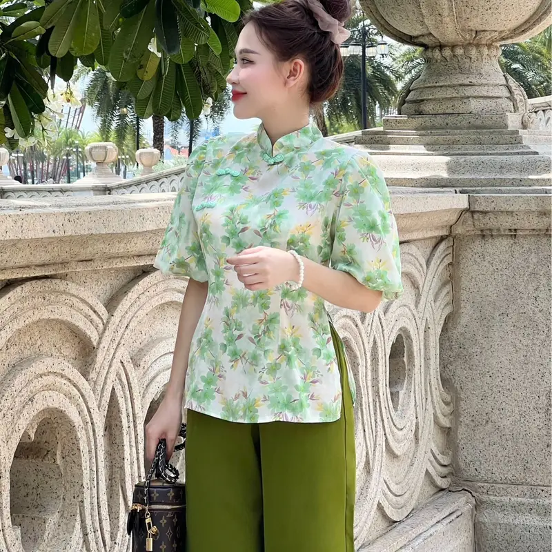 Đồ bộ bà ba nữ quần dài đồ bà ba nữ đồ bộ bà ba đi chùa ống rộng tay lỡ vải gấm - cn168 Áo Women 2