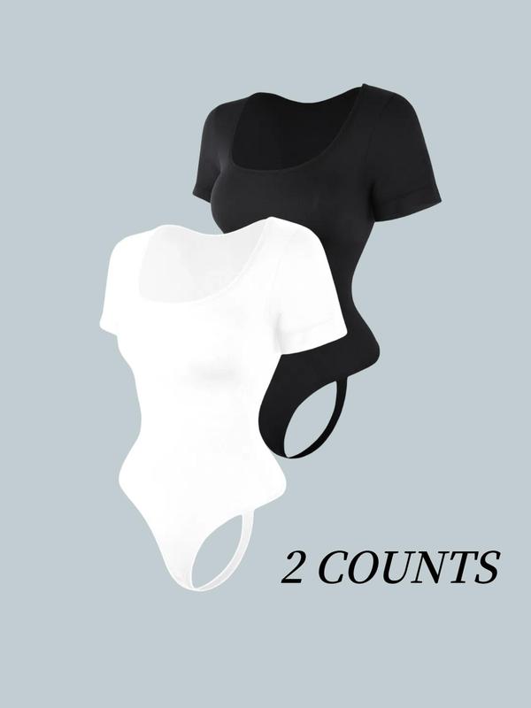 Women's Solid Square Neck Short Sleeve Shapewear Bodysuit, Tummy Control Butt Lifting Button Closure Crotch Shaper, Women's Waistband Shaping Bodysuit for All Seasons, Underwear for Women 8