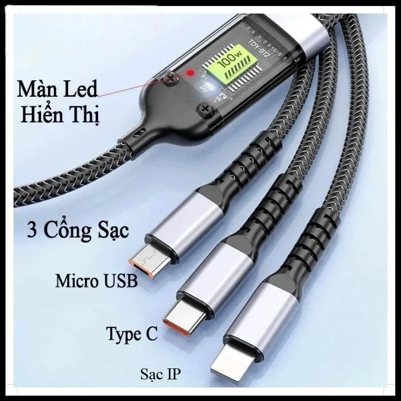 Dây Sạc Tự Ngắt 3 Đầu 100W Micro USB Type C 3 trong 1 Dài 1m2 Phone Titan